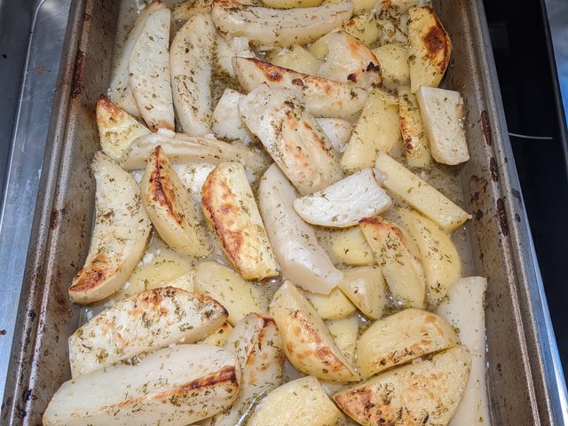 Greek Lemon Potatoes, Roasted Seabass, and Bananabread