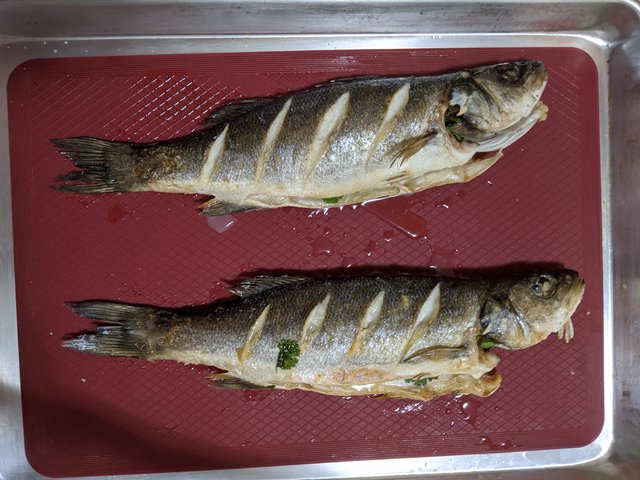 Greek Lemon Potatoes, Roasted Seabass, and Bananabread