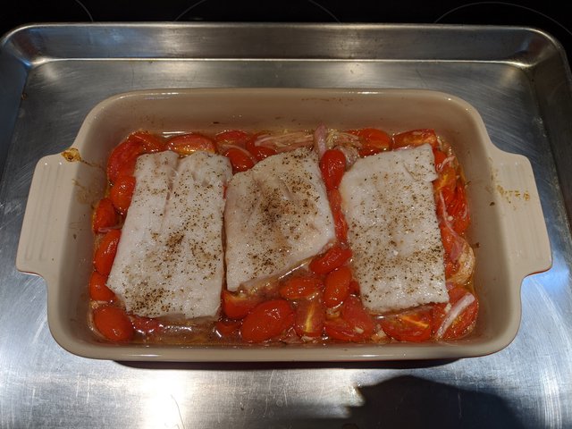 Oven Roasted Fish With Cherry Tomatoes and Potato Gratin